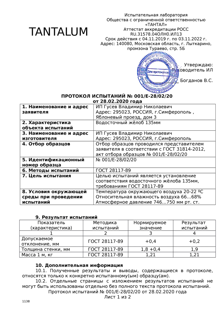 Протокол испытаний водостока марки  Mirida и их результаты